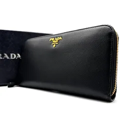 極美品 PRADA プラダ 長財布 ジップアラウンドウォレット サフィアーノレザー 本革 ロゴ金具 ブラック レディース メンズ ゴールド金具 1ML506