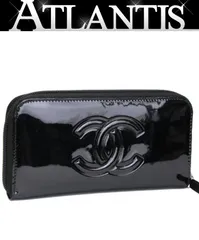 シャネル CHANEL ココマーク カメリア ラウンドファスナー長財布 パテント 黒 12番台 【73249】