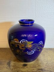 香蘭社 鶴絵 青海波 花瓶 金彩鶴絵 鶴の舞 緑金銀白色 直径約20cm