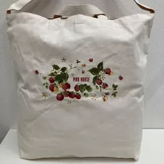 8634　PINK HOUSE　ピンクハウス　2way　ハンドバッグ　トートバッグ　ショルダーバッグ　ワンショルダー　キャンバス　コットン　肩がけ　斜めがけ　ベージュ　アイボリー　エクリュ　ピンク　苺　いちご　ストロベリー　花柄　花　フラワー