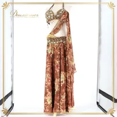 ベリーダンス オリエンタル 衣装 上下セット ブラウン系 トップス  スカート インナーパンツ 茶 緑 ラインストーン ビーズ 豪華 装飾 かわいい 華やか ダンス衣装 イベント ステージ 葉っぱ柄 グリーン系