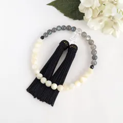 【女性用/主玉8mm】白蝶貝とラブラドライト・バイカラーの数珠・略式念珠/正絹漆黒房