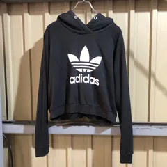 1566 adidas パーカー ブラック XL アディダス スウェット プリントロゴ クロップド丈 古着卸 アメリカ仕入