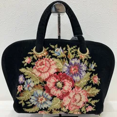 8459　FEILER フェイラー　ハンドバッグ　ブラック　黒　花柄　フラワー　レディース　シンプル　きれいめ　上品　シュニール織り　ポケット多数