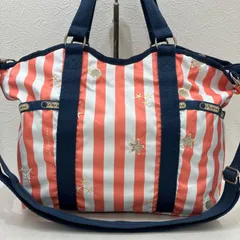 8544　LeSportsac　レスポートサック　 トートバッグ　2way　ショルダーバッグ　 マリン柄　ストライプ　刺繍　オレンジ　 ホワイト　ネイビー　ナイロン　軽量　 レディース