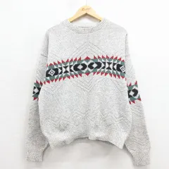 L/古着 EMS 長袖 セーター メンズ 90年代 90s ネイティブ柄 ラグ柄 コットン クルーネック USA製 グレー 霜降り他【spe】 25nov17
