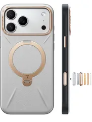 ★TORRAS iPhone 17 Pro Max 用 ケース【新感覚レザー・スキンタッチ】Ostand Q3 レザートーン MagSafe対応 リング スタンド 360°定点回転 縦横両対応 マグネット搭載 革 カメラコントロールボタン  パール・グレー