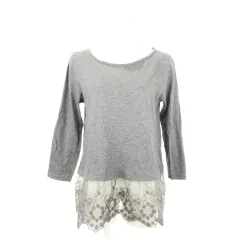 スタディオクリップ Studio Clip カットソー ラウンドネック 七分袖 切替 レース 刺繍 花柄 M グレー /AH10