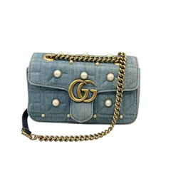 グッチ GUCCI ショルダーバッグ GGマーモント チェーン パール 446744 デニム レディース