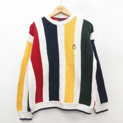 L/古着 ラルフローレン チャップス 長袖 ブランド セーター メンズ 90年代 90s ワンポイントロゴ ヘリンボーン 手織り コットン クルーネック 白他 ストライプ【spe】 25nov18