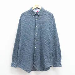 XL/古着 トミーヒルフィガー 長袖 ブランド フランネル シャツ メンズ 90年代 90s ワンポイントロゴ ロング丈 コットン ボタンダウン 紺他 チェック 25nov18