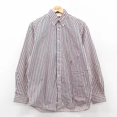 L/古着 トミーヒルフィガー 長袖 ブランド シャツ メンズ 90年代 90s ワンポイントロゴ コットン ボタンダウン 紺他 ストライプ 25nov18