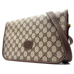 美品 GUCCI グッチ ショルダーバッグ GGスプリーム メッセンジャー ヴィンテージ メンズ レディース PVC レザー 本革 ベージュ ブラウン 斜め掛け ロゴ型押し
