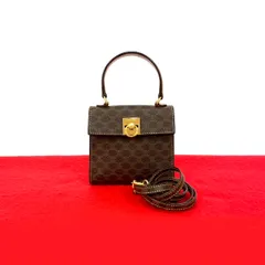 極 美品 CELINE セリーヌ ヴィンテージ マカダム 柄 ロゴ リング 金具 レザー 2way ミニ ハンドバッグ ショルダーバッグ ブラウン 492-2
