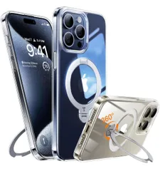 ★TORRAS iPhone 15 Pro Max 用 ケース【多機能一体・360°新定点回転スタンド】米軍規格 縦横両対応 リング付き マグネット搭載 ワイヤレス充電対応 耐衝撃 防指紋 半透明 Ostand Spin クリア