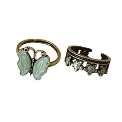 【在庫処分】調節可能なサイズ 花 プレゼント 蝶 連 セット 指輪 指輪 おしゃれ ユニセックス メッキ (蝶) フリーサイズ シルバー ファッション リング 2個入り レディースリング [Frenflu]