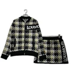 中古 レディース ラウドマウス LOUDMOUTH セットアップ L 黒 ブラック系 蓄熱裏地付ニットジャケット×スカート 千鳥格子
