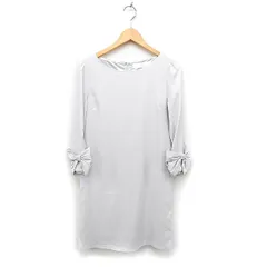 トッコ TOCCO リボン袖 ワンピース ドレス 七分袖 ひざ丈 無地 ストレート M-L ライトグレー /FT8