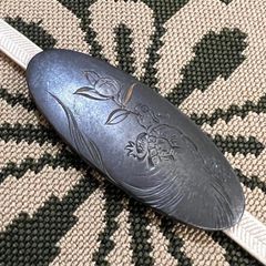 古美道】光民 四分一地 金銀象嵌 帯留 牡丹 横6cm 金工彫金