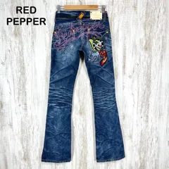 RED PEPPER レッドペッパー ロゴ刺繍 スカル スタッズ ブーツカット フレアパンツ デニム ジーンズ ブルー レディース Y2K 平成ギャル