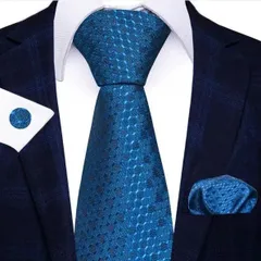 ネクタイ　ポケットチーフ　カフスボタン　3点セット　結婚式　ビジネス　イベント　パーティー　発表会　卒業式　卒園式　入社式　入学式　成人式　父の日　七五三　お祝い　クリスマス　ダンスパーティー　バーテンダー　青色 　メンズネクタイ カフスボタン チーフ