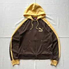 極希少　00s　archive　OLD PUMA　オールドプーマ　両面フロッキーロゴプリント　ピューマ　フルジップアップ　フード付　パーカー型トラックジャケット　ブラウン×イエロー　首ヒモ　袖ライン　M　Y2K　平成レトロ　parka track jacket