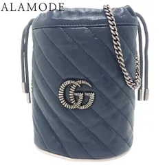 GUCCI(グッチ) GGマーモント ミニバケットバッグ ショルダーバッグ 斜め掛け 巾着 ダブルG チェーンショルダー レザー ネイビー紺 マットシルバー金具 573817 レディース 40802140583【中古】【アラモード】