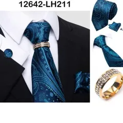 ターコイズブルー ペイズリー　ネクタイ　リング　ネクタイ　ポケットチーフ　カフスボタン　4点　セット　結婚式　発表会　七五三お祝い　イベント　パーティー　卒業式　入学式　入社式　父の日　ビジネス　スーツ　格安　ネイビー色　紺色　ブルー色　青色　ペイズリー柄