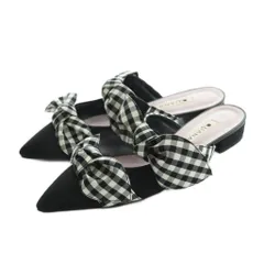 ダイアナ DIANA ミュール ポインテッドトゥ ギンガムチェック柄 リボン L 24.0-24.5cm 黒 白 /MI ■OS