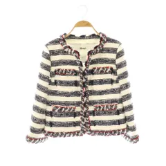 ルネ Rene TISSUE ツイードジャケット アウター ノーカラー ビーズ 装飾 36 オフホワイト 濃紺 赤 /NR ■GY53