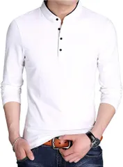 amatsu アマツ ヘンリーネック 無地 カットソー カジュアル シンプル トップス 長袖 メンズ (ホワイト,  2XL)