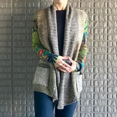 Desigual 刺繍入り スパンコール付き デザインニットカーディガン 花柄 総柄 ショートガウン 羽織り 長袖 ストレッチ グリーン系 Lサイズ