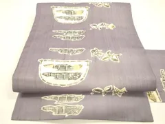 平和屋着物＊夏物　絹芭蕉　九寸名古屋帯　型染　魚枝花文　正絹　逸品　DABB3562cm