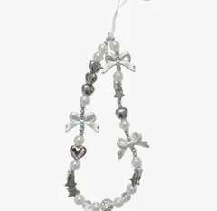 リボンチャーム バッグチャーム ビーズ装飾  携帯ストラップ キーホルダー パール ハート キュート シルバー