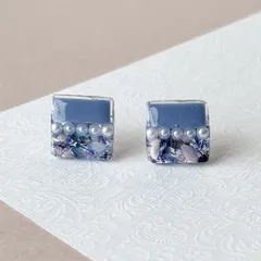 お花  パール パープル ピアス 小さめ シンプル 上品 華やか 清楚 スクエア【424】