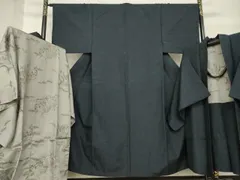 平和屋着物●男性　紬　アンサンブル　長襦袢(袷)セット　色無地　藍鉄色　正絹　逸品　AABF7038ck