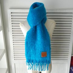 極美品 ロエベ マフラー アナグラム レザーパッチ フリンジ ブラック