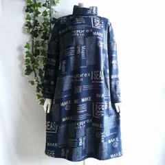 新品 a074 ML 裏起毛 あったか ワンピース 紺系 秋 冬 英字柄 ゆったりタートル ストレッチ レディース 50代 60代 70代