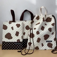 入園入学準備3点セット　りんりんのハンドメイド　レッスンバッグ　上履き入れ　ナップサック型お着替え袋　キルティング　牛柄　ブラウン