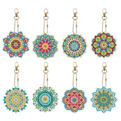 キーホルダー 両面全貼り付け ビーズアート ダイヤモンドアート 8点セット 塗装キット 可愛い 曼荼羅 キラキラ 人気 手作りDIY GOODCHI クラフト用品 (曼荼羅)