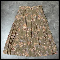 花柄プリーツロングスカート フラワープリント カーキブラウン M相当