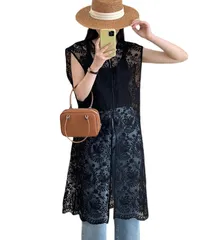 [YY-Natuhi] レースカーディガン ワンピース ドレス レディース ベスト アウター 刺繍 花柄 ノースリーブ トップス 羽織り 透け感 ロング丈 スリット 可愛い オフィス ゆったり 春夏冬 ボレロ