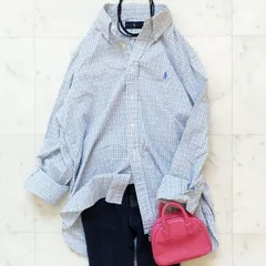 【ラルフローレン】ボタンダウンシャツ サイズ16 白×青×緑 チェック柄長袖シャツ コットン