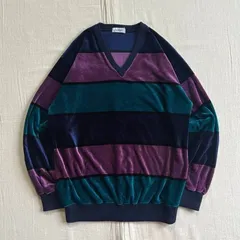 90s　vintage　ヴィンテージ古着　太ボーダー柄　ネイビー×ターコイズブルー×パープル×ブラック　ベロア　Vネックカットソー　短丈スウェット　グランジ　Y2K　C-BOY　stripe pattern v-neck velour sweat shirt