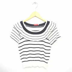 アースミュージック&エコロジー EARTH MUSIC & ECOLOGY ニット セーター 丸首 フリル ボーダー 半袖 S アイボリー ブラック 黒 /TT28