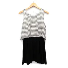 ラグナムーン LagunaMoon ワンピース フレア 膝丈 レイヤード風 切替 シフォン ボーダー 柄 レース 花柄 タック ノースリーブ 丸首 綿混 F ベージュ /HT4