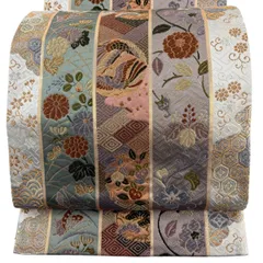 【美品】 袋帯 秀品 向かい鳥 草花 箔 金糸 灰紫 六通 正絹 【中古】