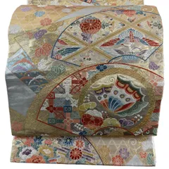 【美品】 袋帯 秀品 扇面 蝶 箔 金糸 金色 六通 正絹 【中古】