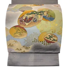 袋帯 秀品 貝合わせ 御所風景 金銀彩 染め分け 灰色 お太鼓柄 正絹 【中古】