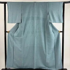 色無地 身丈157.5cm 裄丈62.5cm S 袷 地紋 青灰色 正絹 秀品 一つ紋 【中古】